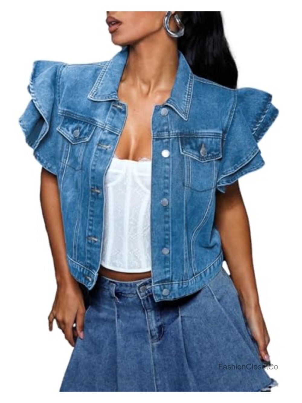 Cropped Denim Jacket Ruffle Sleeve Button Down Short Sleeve Cotton